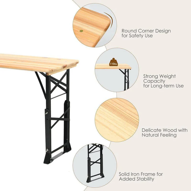 66.5 in. Wooden Folding Picnic Outdoor Table with Adjustable Heights