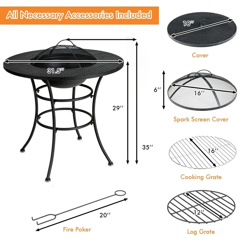 31.5 in. Metal Outdoor Fire Pit with Grill and Poker
