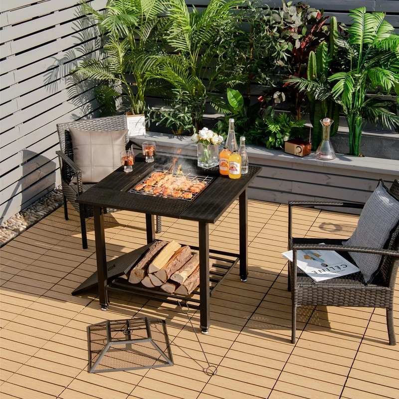 31 in. Metal Square Outdoor Fire Pit in Black with Cooking BBQ Grate