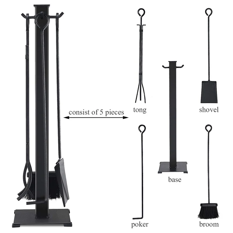 Black 5-Piece Fireplace Tool Set with Classic Annulus Handles