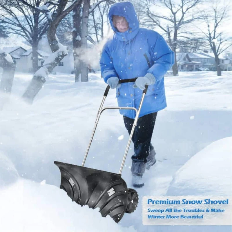 51 in. Metal Adjustable Handle Plastic Snow Shovel Rolling Pusher