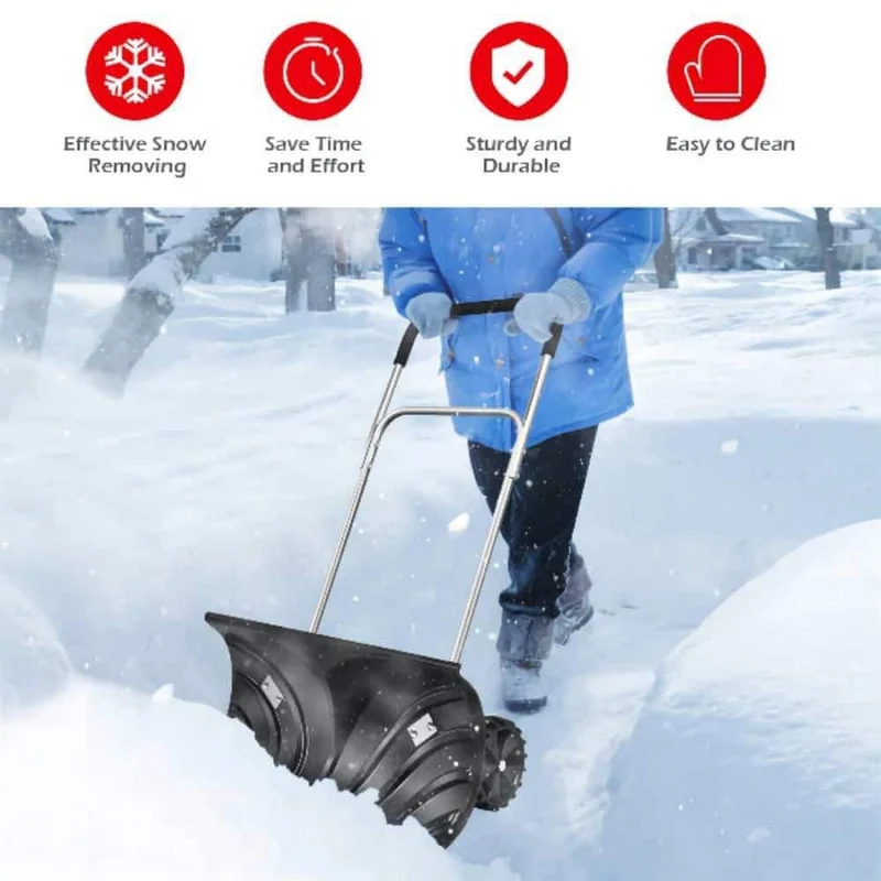 51 in. Metal Adjustable Handle Plastic Snow Shovel Rolling Pusher