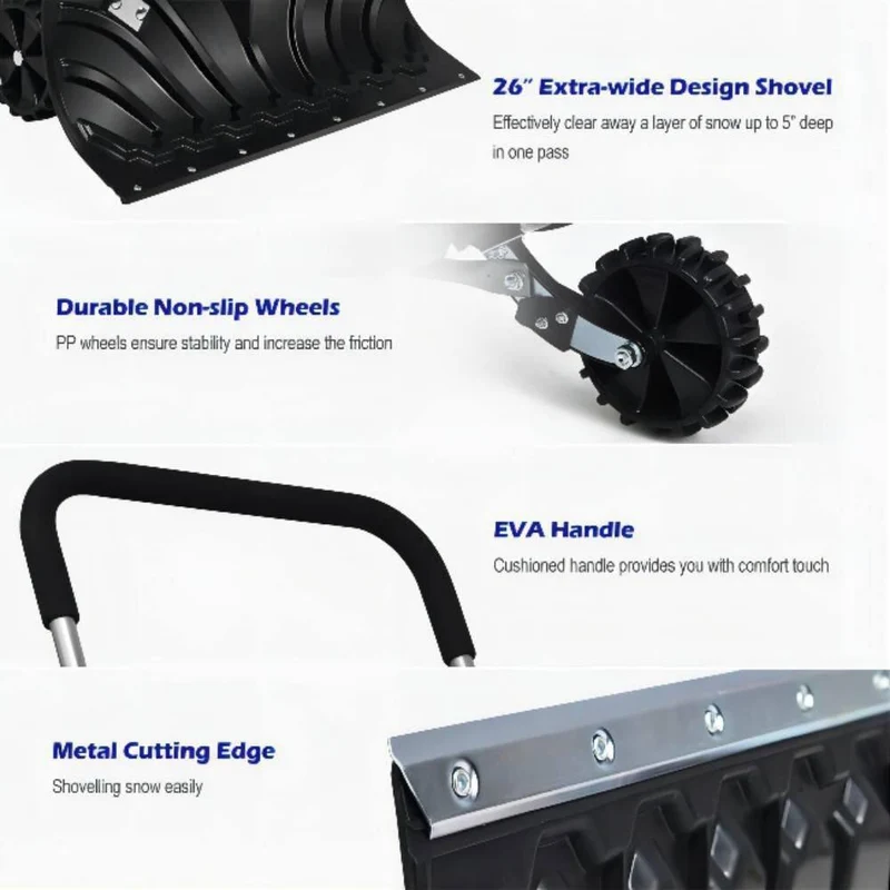 51 in. Metal Adjustable Handle Plastic Snow Shovel Rolling Pusher