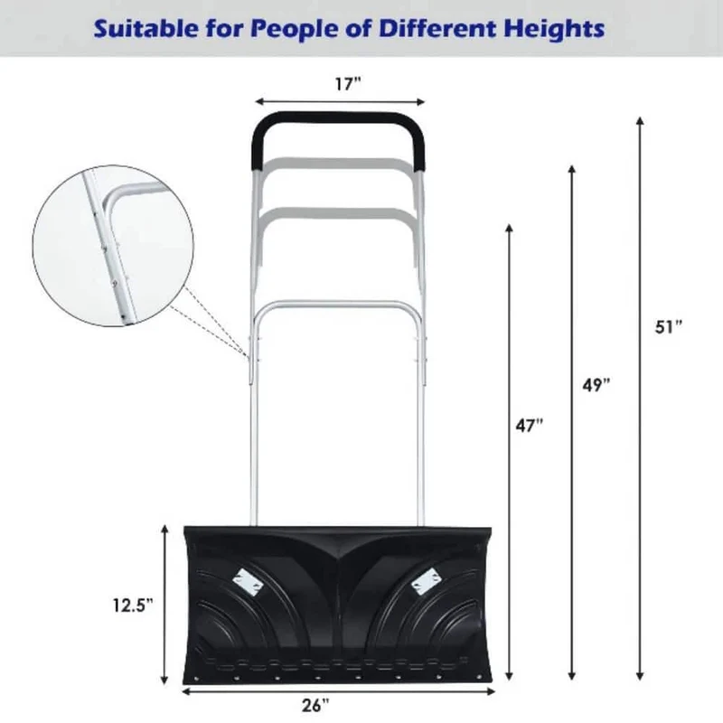 51 in. Metal Adjustable Handle Plastic Snow Shovel Rolling Pusher