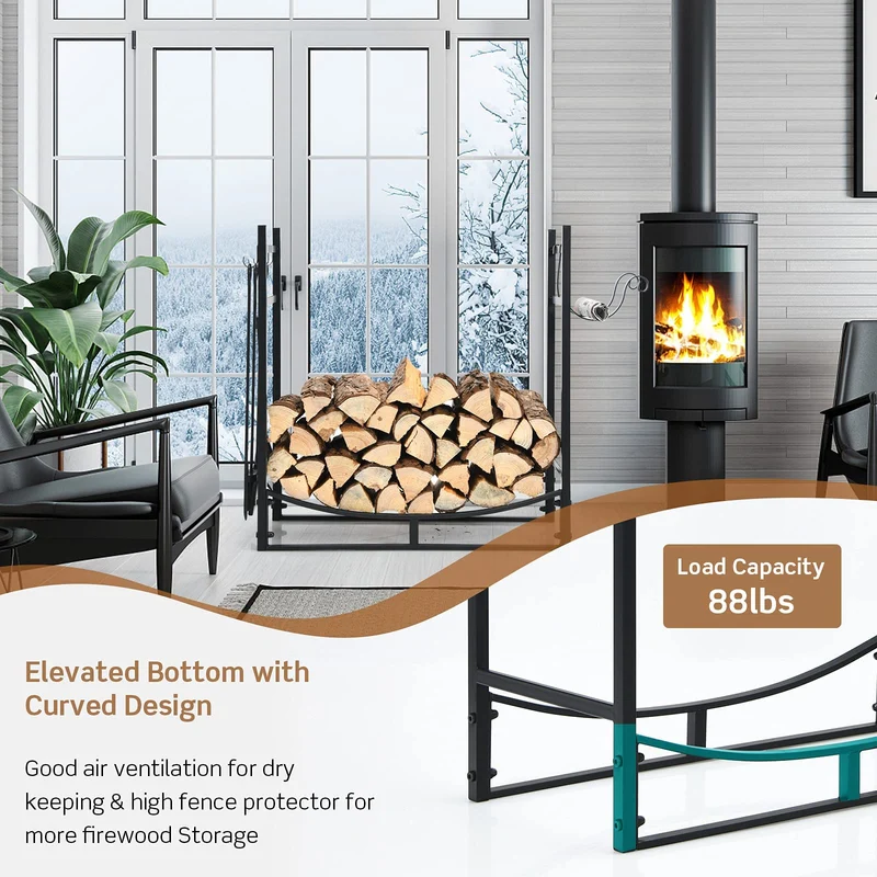 13 in. D x 30 in. W x 30 in. H Black Steel Firewood Rack with 4 Fireplace Tools