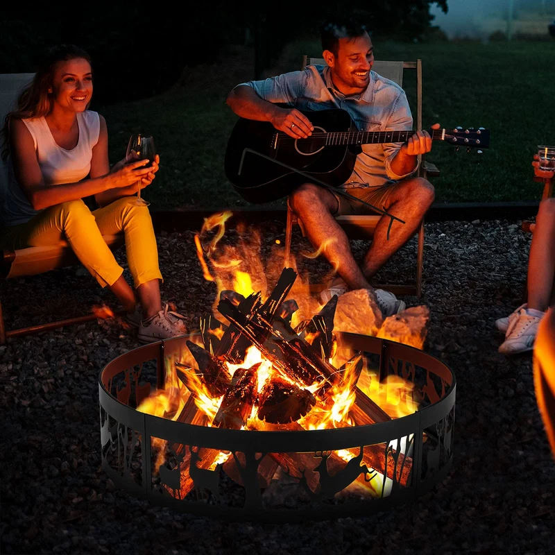 36 in. x 9 in. Metal Fire Pit Ring in Black with Fire Poker