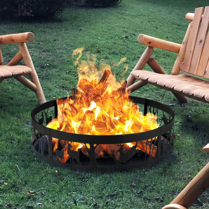 36 in. x 9 in. Metal Fire Pit Ring in Black with Fire Poker