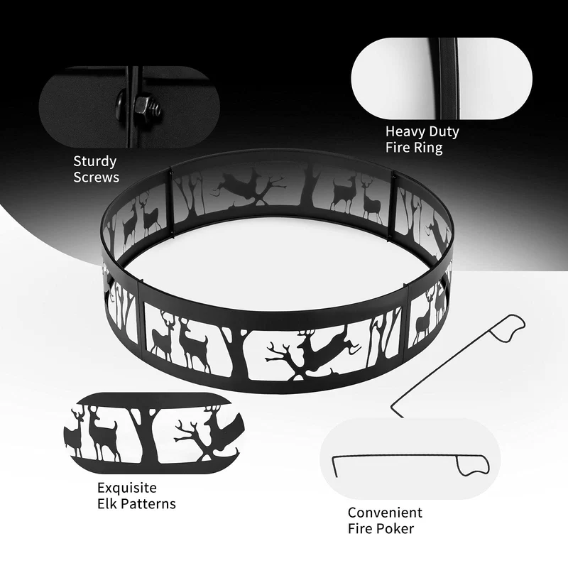 36 in. x 9 in. Metal Fire Pit Ring in Black with Fire Poker