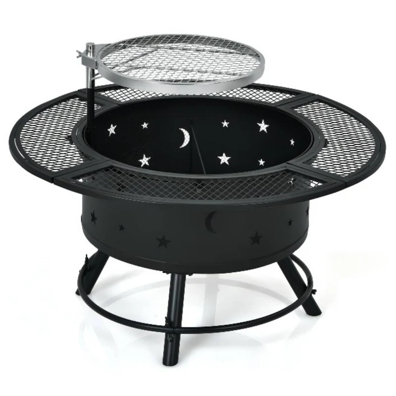 32 in. Metal Outdoor Wood Burning Fire Pit in Black with 360-Degree Swivel BBQ Grate and Poker