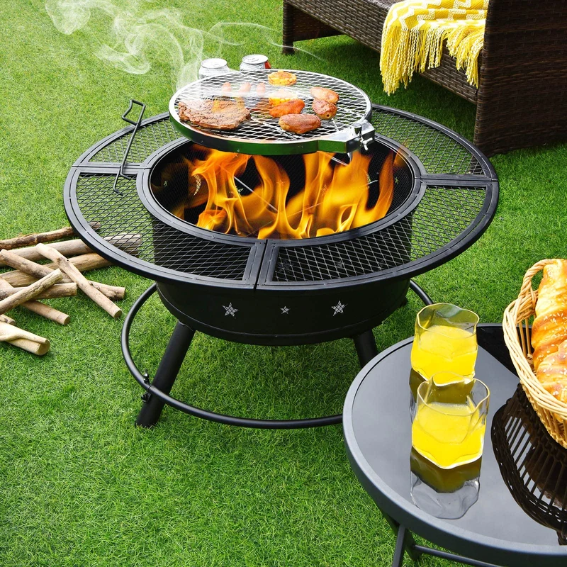 32 in. Metal Outdoor Wood Burning Fire Pit in Black with 360-Degree Swivel BBQ Grate and Poker