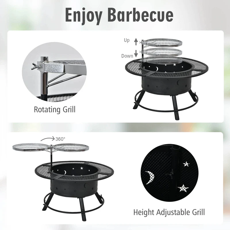32 in. Metal Outdoor Wood Burning Fire Pit in Black with 360-Degree Swivel BBQ Grate and Poker