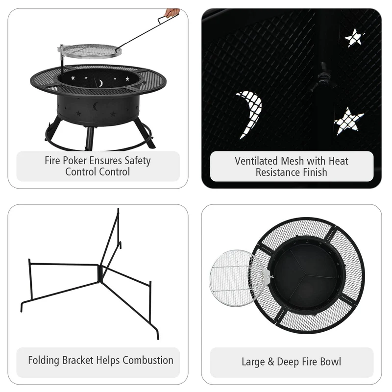 32 in. Metal Outdoor Wood Burning Fire Pit in Black with 360-Degree Swivel BBQ Grate and Poker