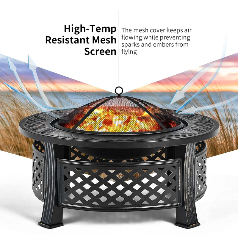 32 in. W x 19 in.H Round Outdoor Metal Wood Burning Fire Pit in Black with Poker and BBQ Grill