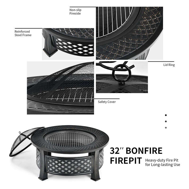 32 in. W x 19 in.H Round Outdoor Metal Wood Burning Fire Pit in Black with Poker and BBQ Grill