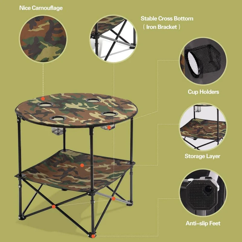 Camouflage Foldable Camping Table with 4-Cup Holders