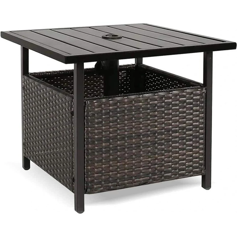 Black Wicker Outdoor Side Table with Umbrella Hole
