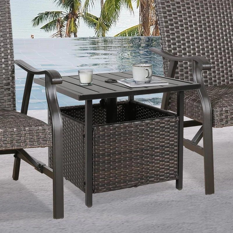 Black Wicker Outdoor Side Table with Umbrella Hole