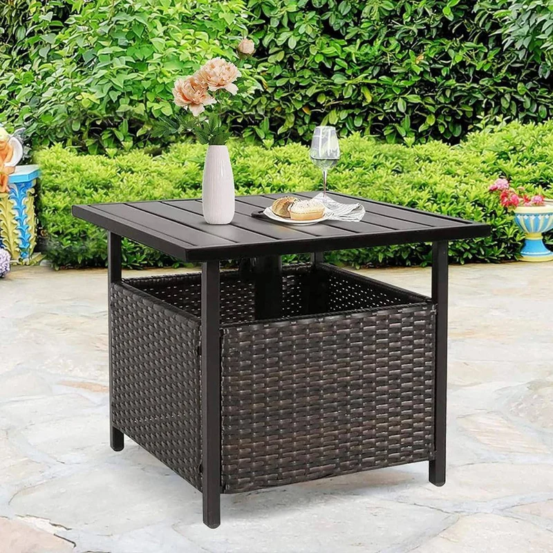Black Wicker Outdoor Side Table with Umbrella Hole