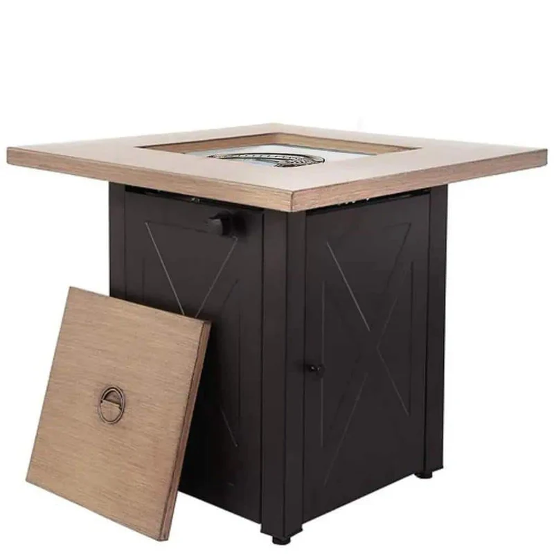 24 in. W Brown Metal Outdoor Gas Fire Pit Table with Square Bionic Grain Lid and 48000 BTU