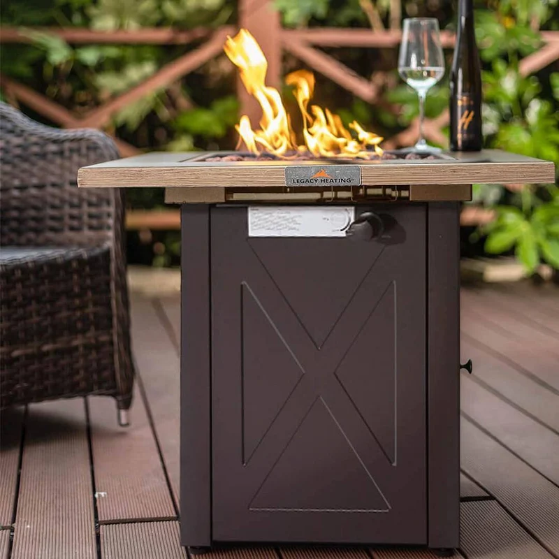24 in. W Brown Metal Outdoor Gas Fire Pit Table with Square Bionic Grain Lid and 48000 BTU