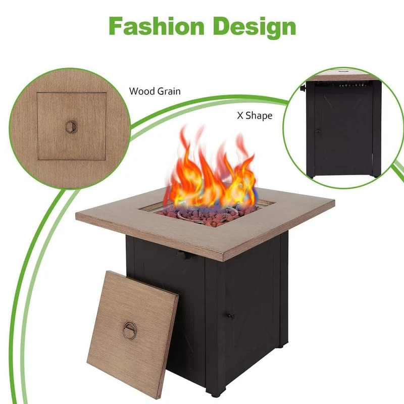 24 in. W Brown Metal Outdoor Gas Fire Pit Table with Square Bionic Grain Lid and 48000 BTU