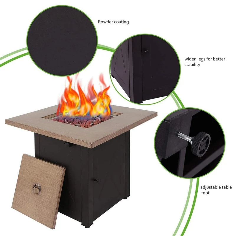 24 in. W Brown Metal Outdoor Gas Fire Pit Table with Square Bionic Grain Lid and 48000 BTU