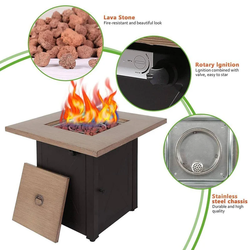 24 in. W Brown Metal Outdoor Gas Fire Pit Table with Square Bionic Grain Lid and 48000 BTU