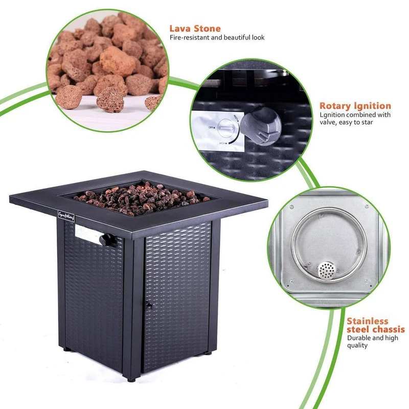 28 in. W Black Square Weather Resistant Steel Outdoor Gas Propane Fire Pit Table with 50000 BTU Burner
