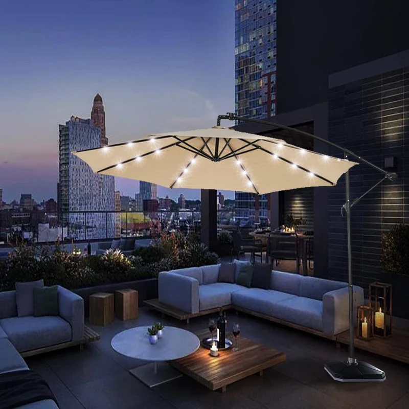 10 ft. Metal Pole Cantilever Solar Patio Umbrella with 32 LED Lights in Beige