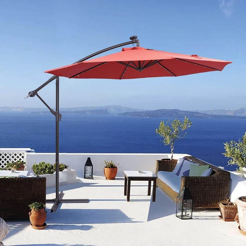 10 ft. Metal Pole Cantilever Solar Patio Umbrella with 32 LED Lights in Red