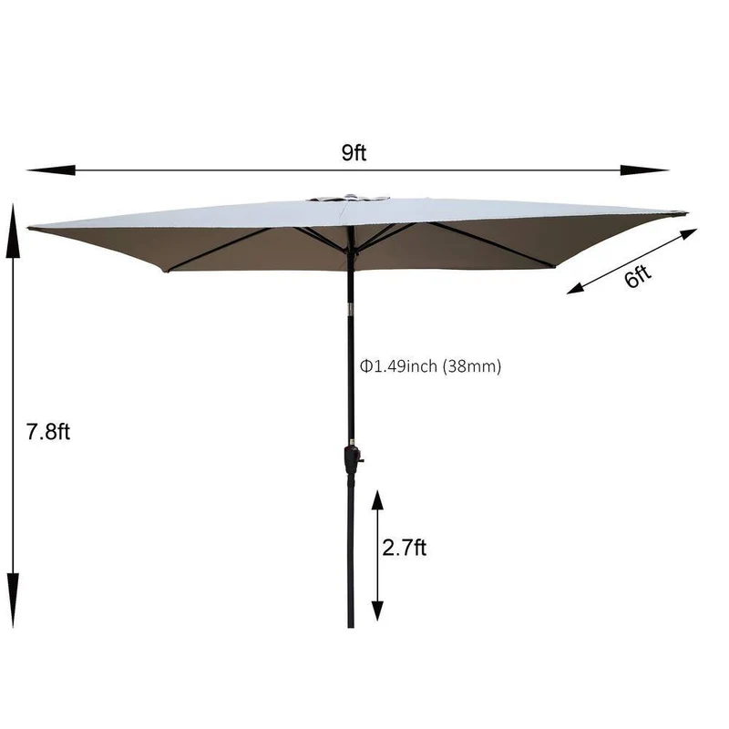 9 ft. x 6 ft. Aluminum Market Patio Umbrella in Medium Grey with Push-Button Tilt