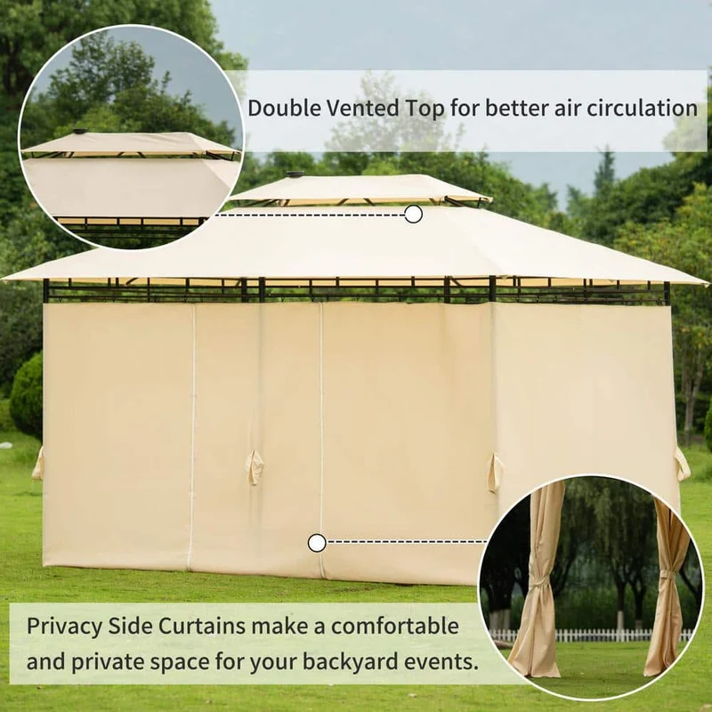 10 ft. x 13 ft. Beige 2-Tier Steel Outdoor Garden Gazebo with Vented Soft Top Canopy and Removable Curtains
