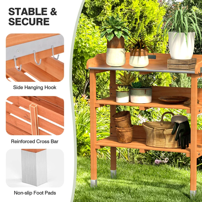 Natural Wood Potting Bench Work Station with Hook