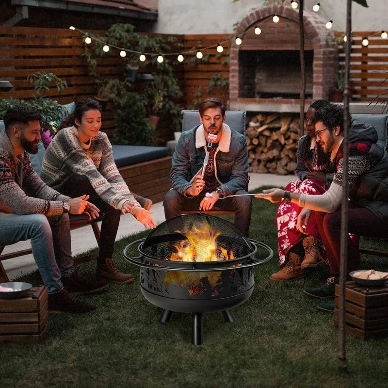 Sphere 36 in. x 24 in. H Round Metal Wood and Coal Burning Outdoor Fire Pit and Grill in Black with Poker