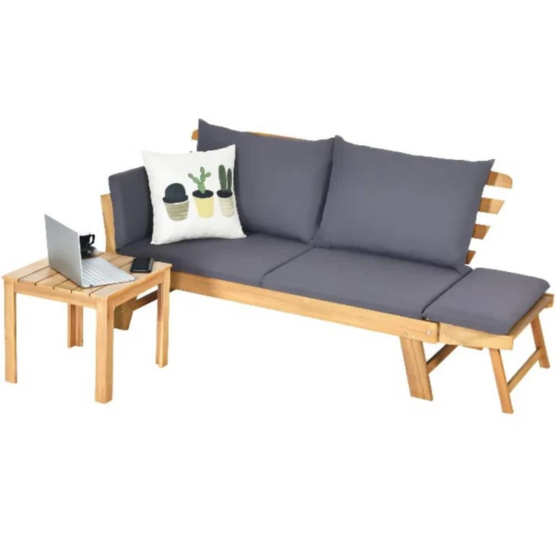 Acacia Wood Outdoor Convertible Sofa Day Bed with Gray Cushions