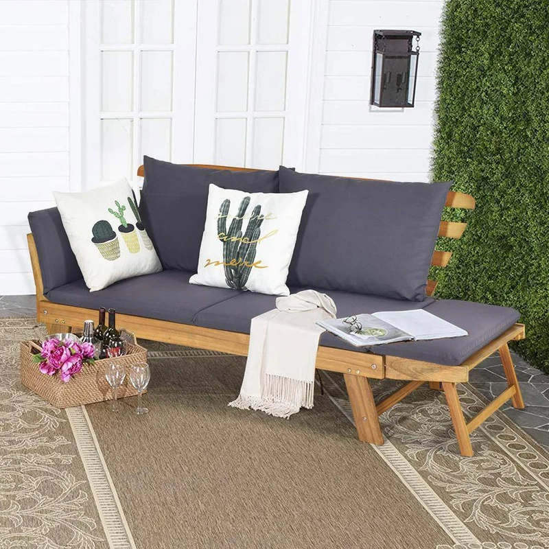 Acacia Wood Outdoor Convertible Sofa Day Bed with Gray Cushions