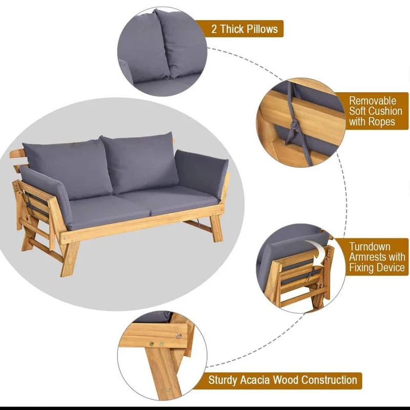 Acacia Wood Outdoor Convertible Sofa Day Bed with Gray Cushions