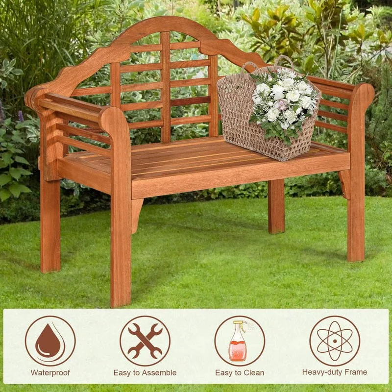49 in. 2-Person Eucalyptus Wood Outdoor Folding Bench with Backrest and Armrest