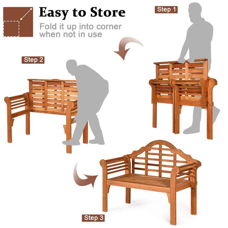 49 in. 2-Person Eucalyptus Wood Outdoor Folding Bench with Backrest and Armrest