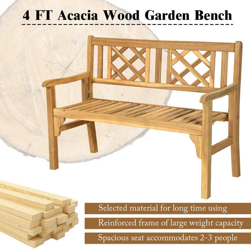 3-Person Acacia Wood Outdoor Bench Folding Armrest
