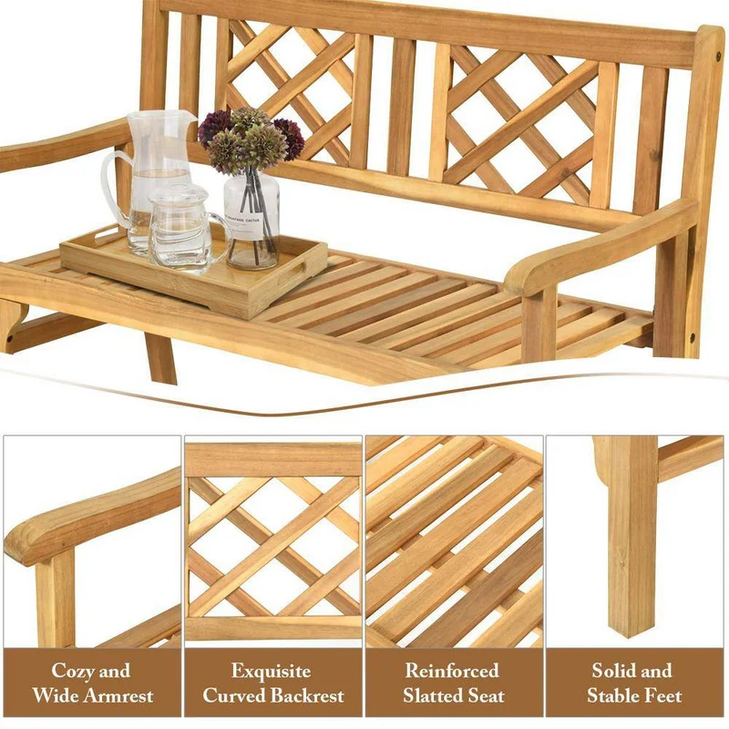 3-Person Acacia Wood Outdoor Bench Folding Armrest