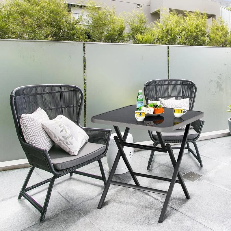 Metal Patio Folding Square Dining Table with Tempered Glass Top