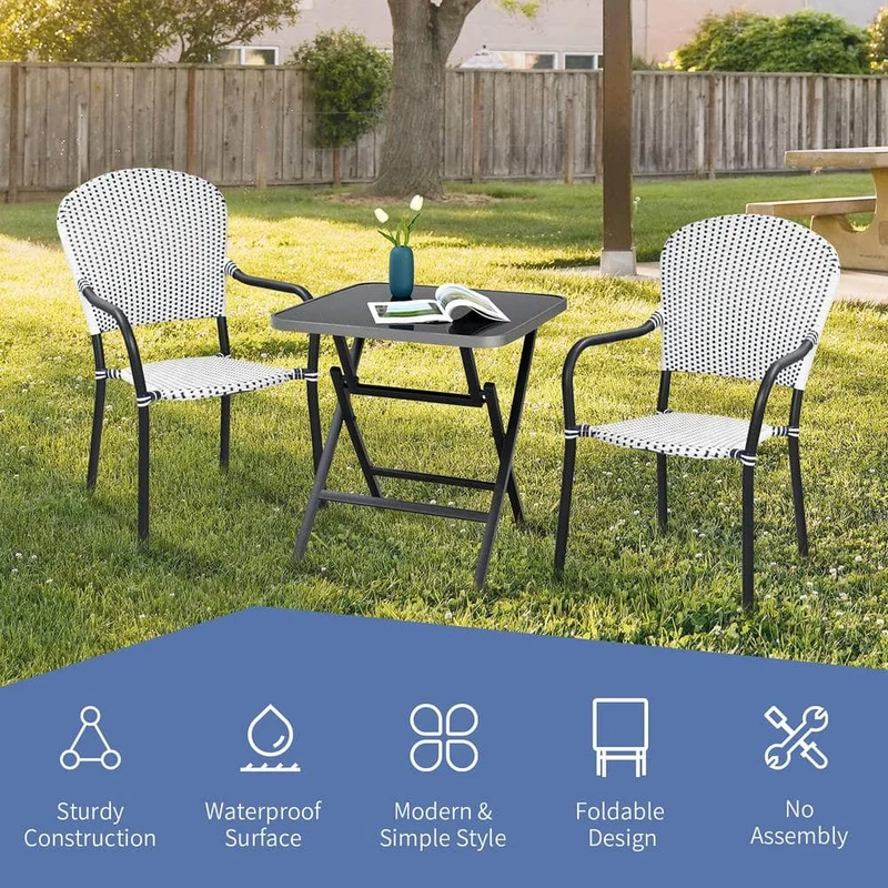 Metal Patio Folding Square Dining Table with Tempered Glass Top