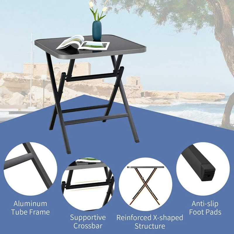 Metal Patio Folding Square Dining Table with Tempered Glass Top