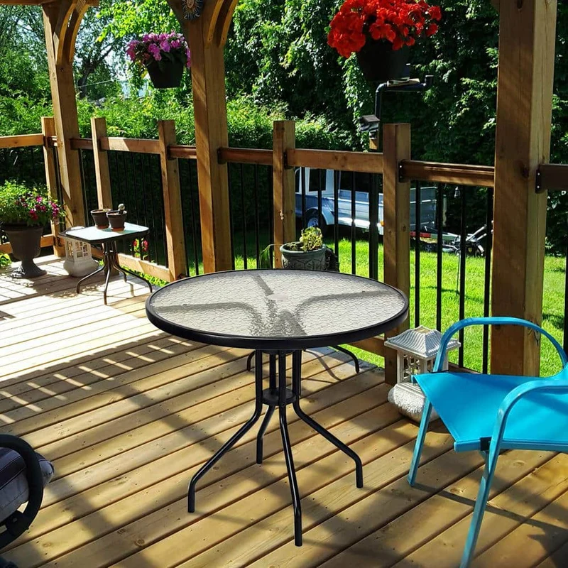 32 in. Black Round Metal Outdoor Dining Table with Umbrella Hole