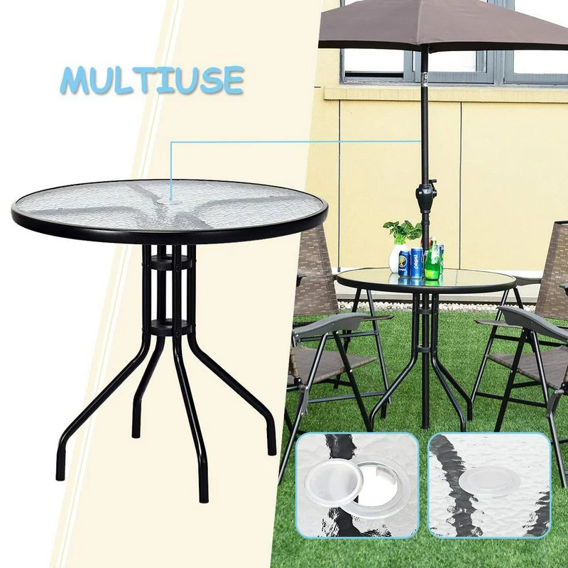 32 in. Black Round Metal Outdoor Dining Table with Umbrella Hole