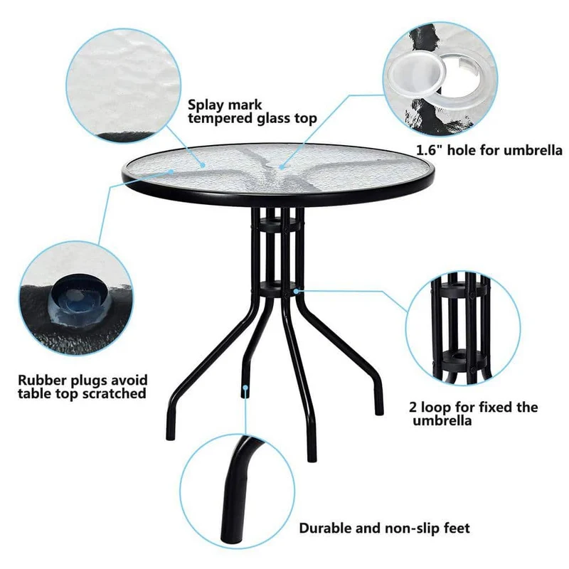 32 in. Black Round Metal Outdoor Dining Table with Umbrella Hole