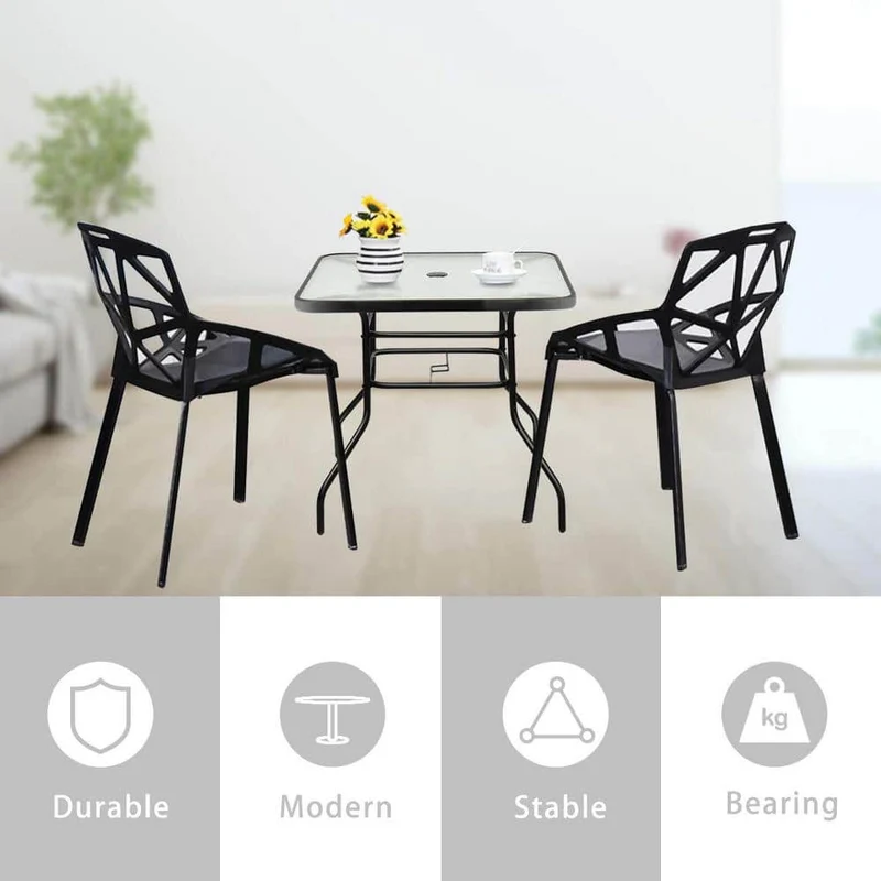 32 in. Black Square Metal Outdoor Dining Table with Umbrella Hole and Tempered Glass Top