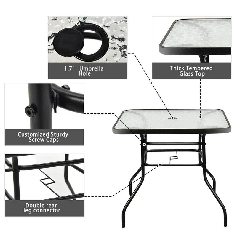 32 in. Black Square Metal Outdoor Dining Table with Umbrella Hole and Tempered Glass Top