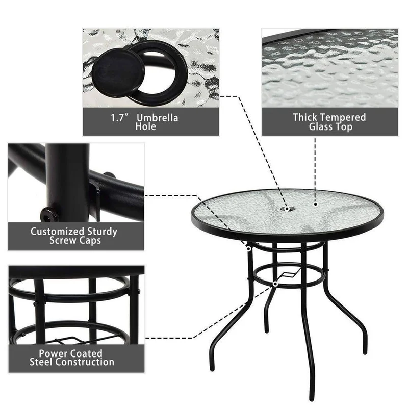 32 in. Black Round Metal Outdoor Dining Table with Umbrella Hole and Tempered Glass Top
